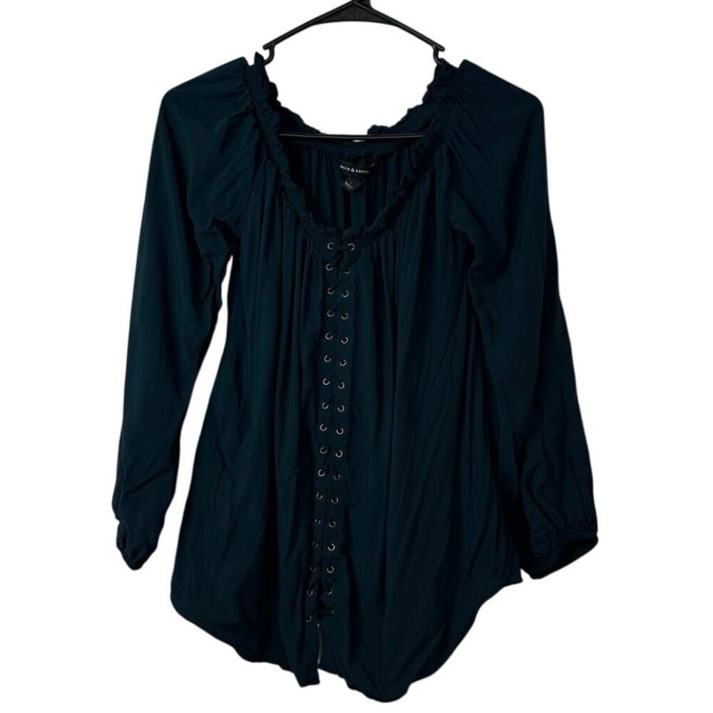 Rock & Republic Women’s Lace Up Off Shoulder Top Size L Renaissance Boho Peasant